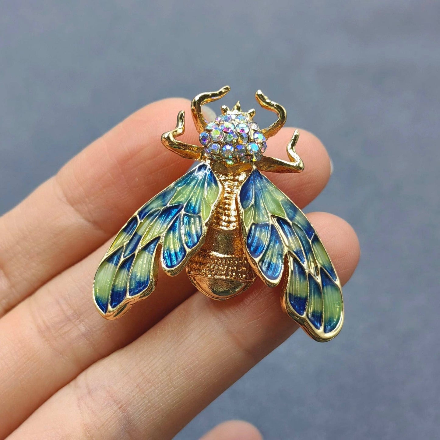 Colored Enamel Cicada Brooch Inlaid with Rhinestones: A