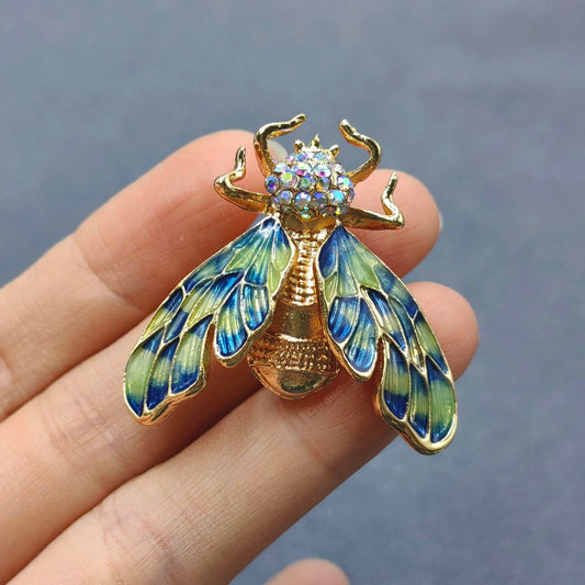 Colored Enamel Cicada Brooch Inlaid with Rhinestones: A