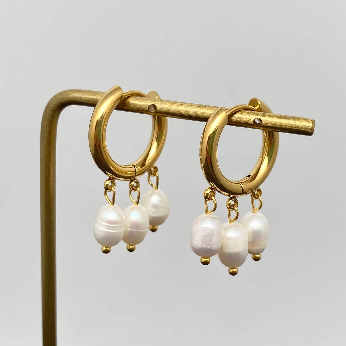 Triple Pearl Charm 18K Gold Plated SS Huggie Earrings - FGS