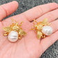 Vintage Pearl Matte Golden Bee Stud Earrings