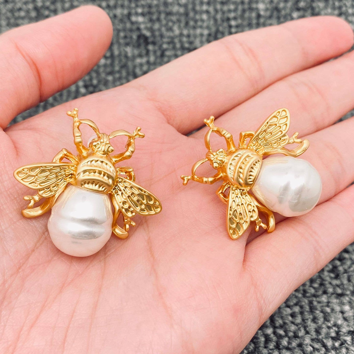 Vintage Pearl Matte Golden Bee Stud Earrings
