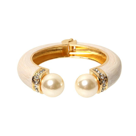 Vintage Pearl Enamel Half-opening Bangle: White and golden、