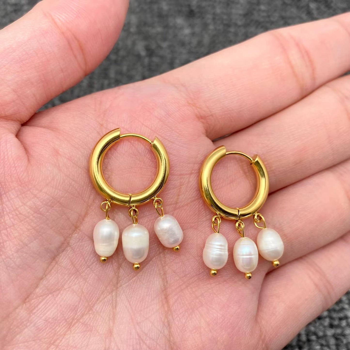 Triple Pearl Charm 18K Gold Plated SS Huggie Earrings - FGS