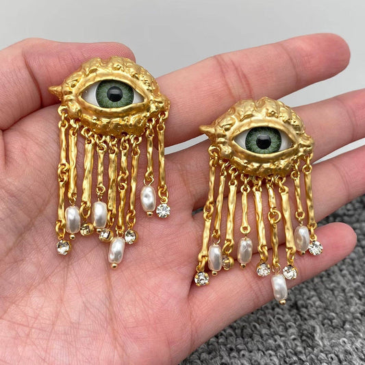 Turkey Evil Eye Pearl & CZ Metal Tassel Post Earrings