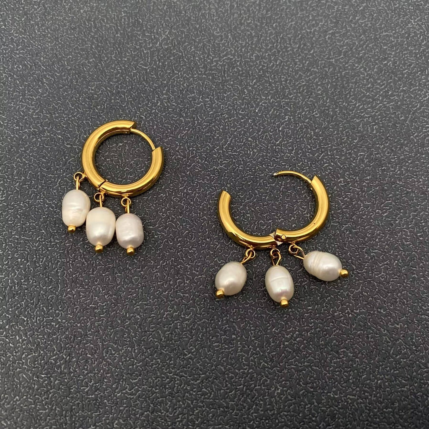 Triple Pearl Charm 18K Gold Plated SS Huggie Earrings - FGS