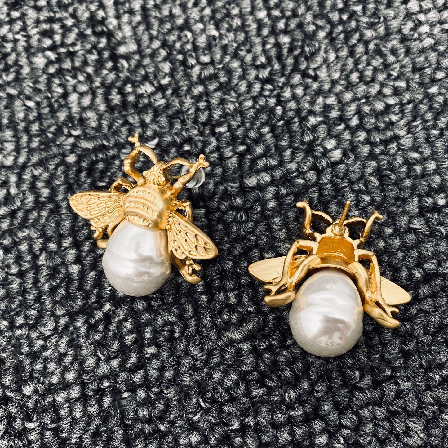 Vintage Pearl Matte Golden Bee Stud Earrings