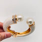 Vintage Pearl Enamel Half-opening Bangle: White and golden、